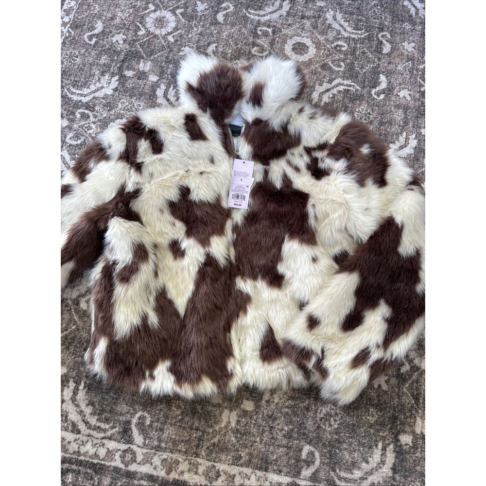 Women's Faux Fur Jacket - Wild Fable Light Brown Cow Print Small